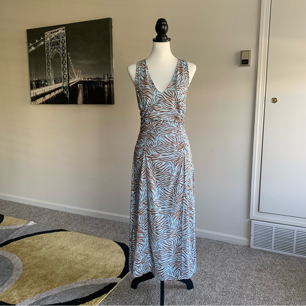 Zara, Cocktail Dress, Midi Dress, Zebra Print, Blue, Tan, Size XS